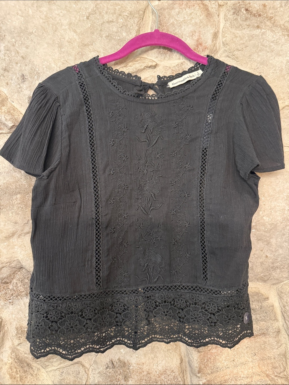 Abercrombie & Fitch Black Embroidered Lace-Trim Short Sleeve Top